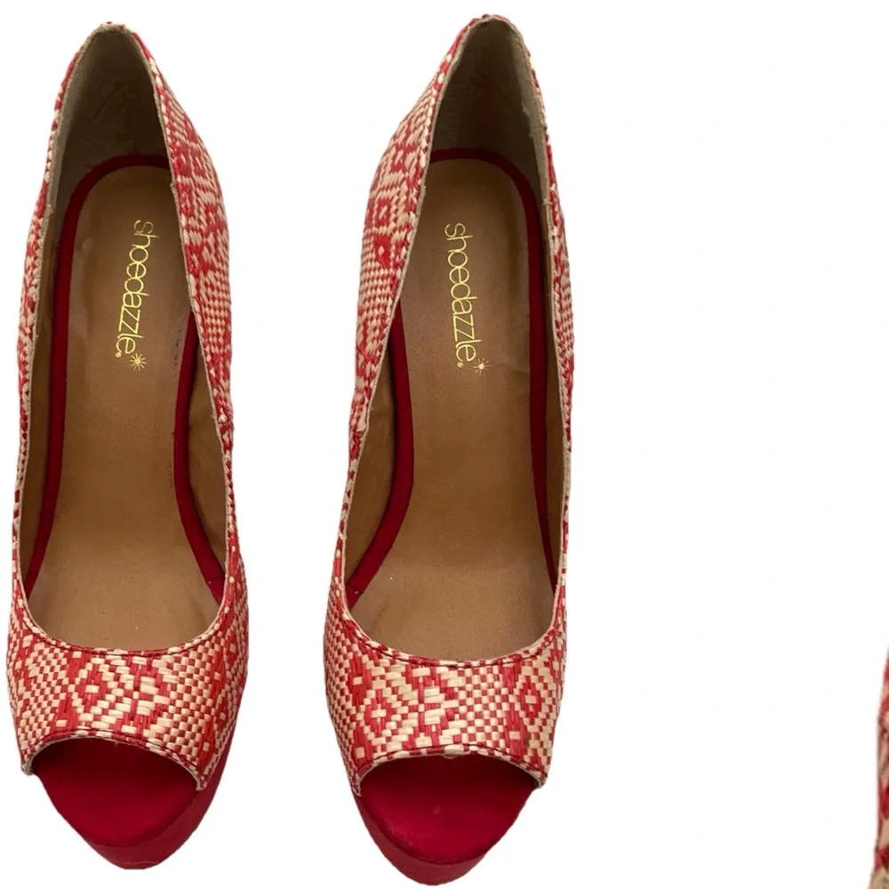 Shoe Dazzle Red and Cream Woven Platform Pumps with High Stiletto